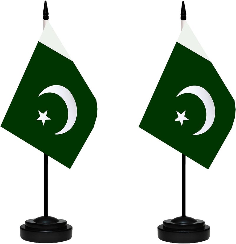 tibijoy Pakistan Pakistani Small Mini Desk Flag Set Miniature Pakistan Pakistani Table Office Flag with 13" Black Pole, Black Base, Miniature Pakistan Deluxe Desktop Flag(2 Pack) - Image 1